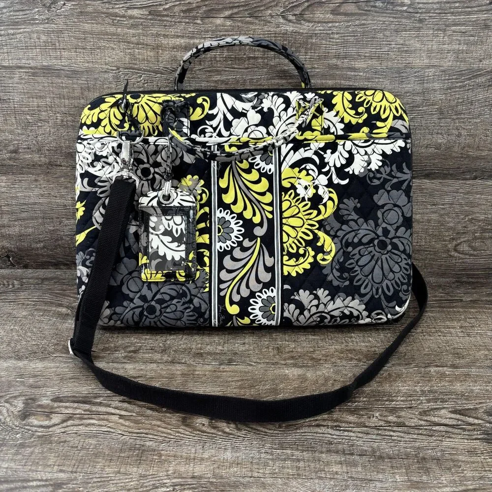 Vera Bradley Laptop Shoulder Messenger Bag 15in Yellow Padded Quilted Floral